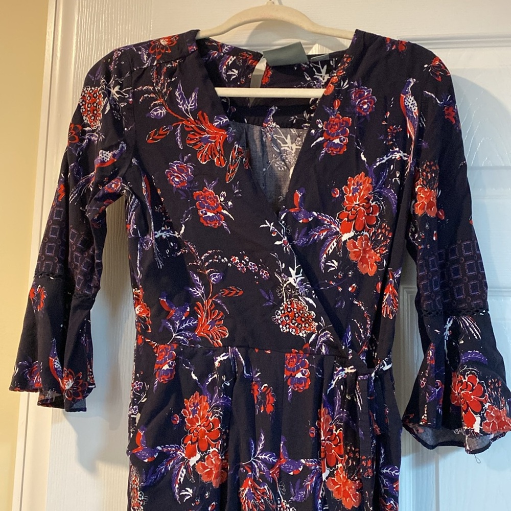 Maeve Anthropologie jumpsuit blue red bird pattern w/ flutter sleeve